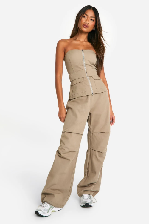 Foldover Waistband Ruched Knee Drawstring Hem Cargos