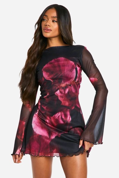 Product Blur Floral Mesh Flare Sleeve Mini Dress