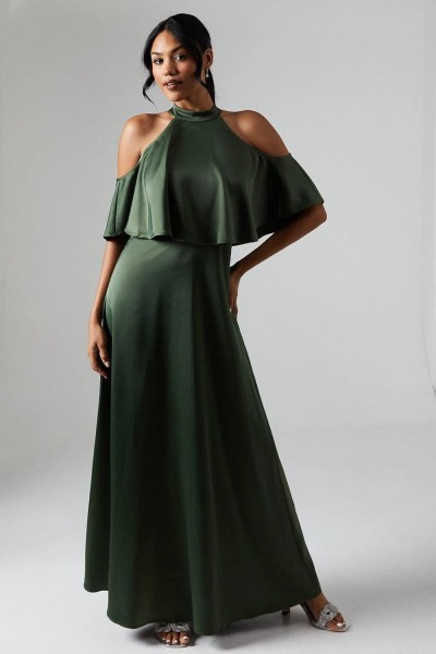 Product Debut London by Coast Halterneck Cold Shoulder Satin Bridesmaids Maxi Dress
